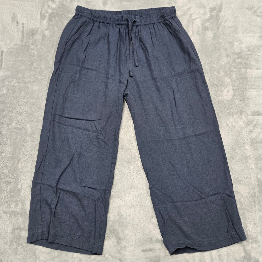 Splendid Navy Blue Linen Blend Wide Leg Crop Drawstring Pants Womens Size Medium